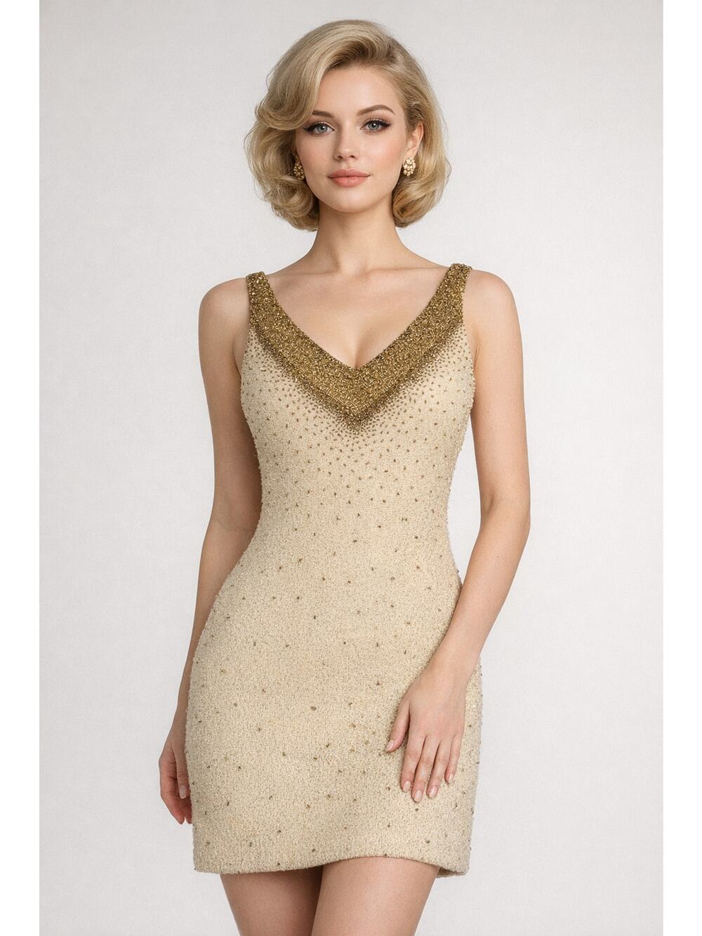 Vintage Gene Shelly Boutique International Beaded Wool V Neck Mini Dress Cream